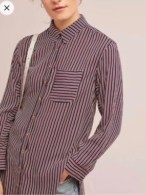 Anthropologie Striped Button-Down Shirt in Navy and Pink